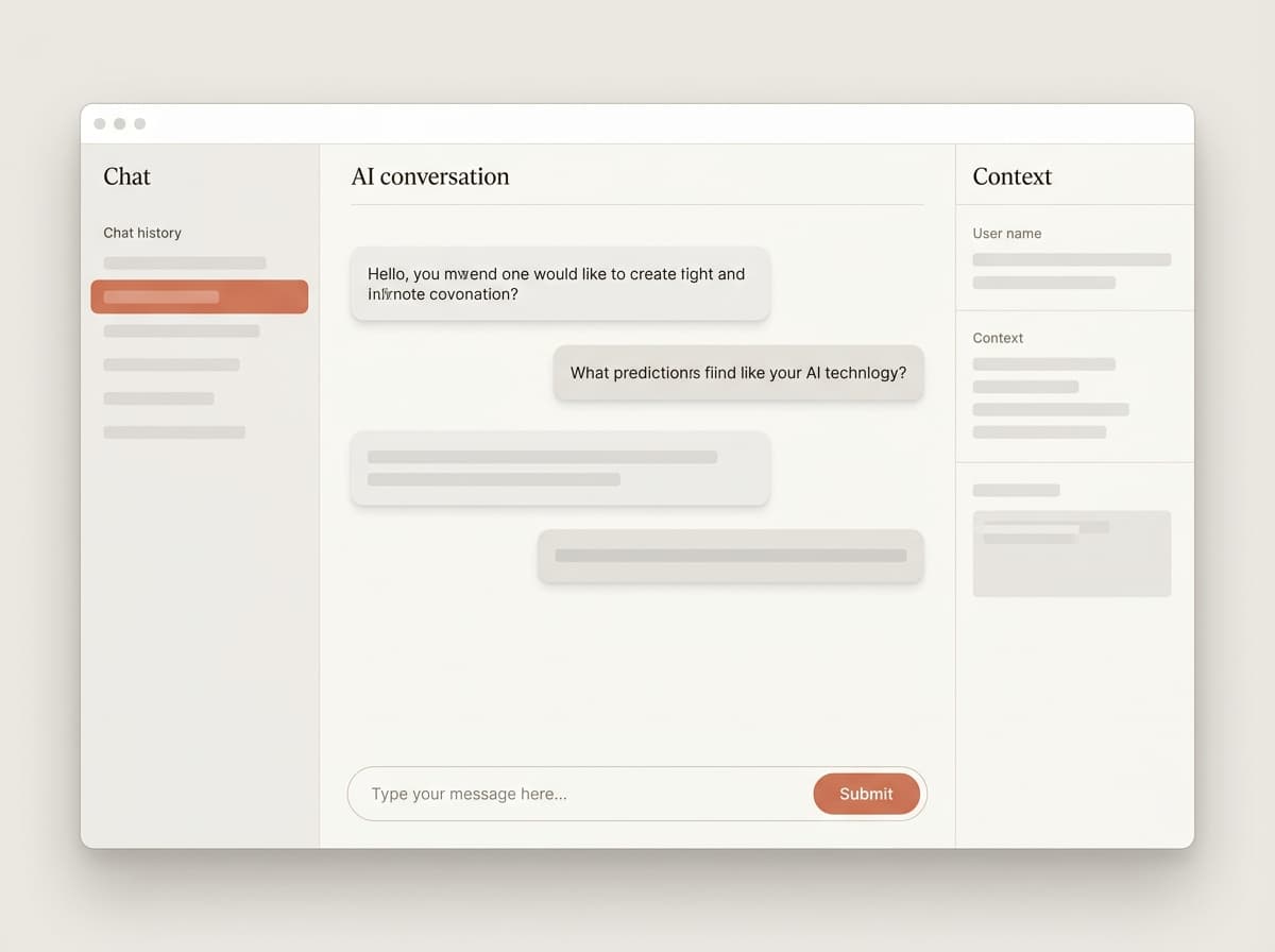Preview of the AI workspace — chat history, a conversation, and a context panel